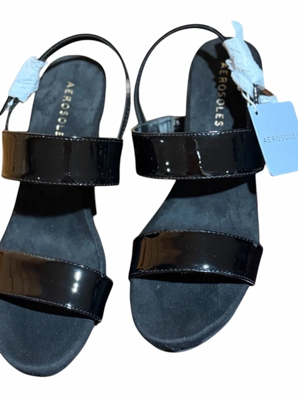 AEROSOLES Black Glossy Patent Two-Strap Slingback Wedge Sandals size 6.5 M - Picture 2 of 6